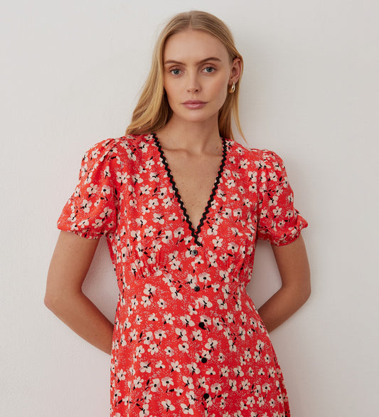 Melony Red Floral Midi Dress